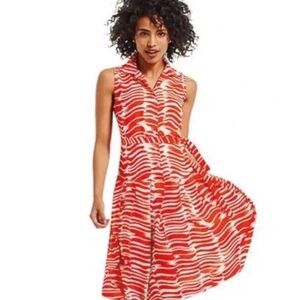 CAbi Red & Cream Abstract Stripe Sleeveless Shirt Dress Size S